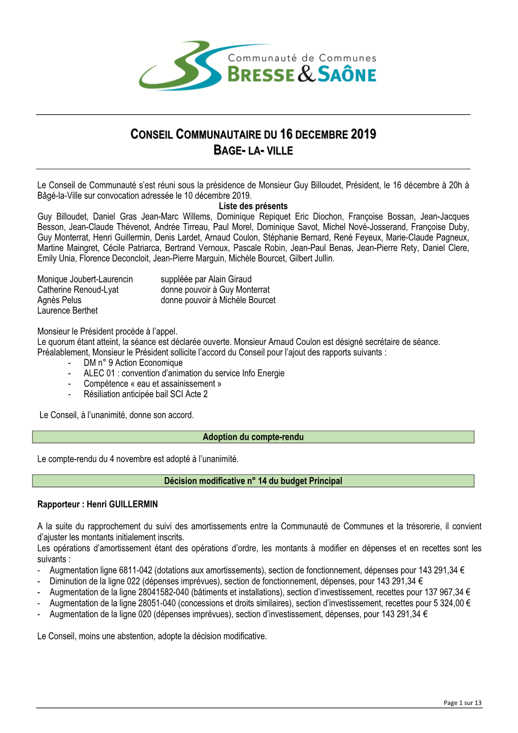 Conseil Communautaire Du 16 Decembre 2019 Bage- La- Ville