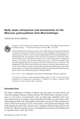 Body Mass Estimation and Locomotion of the Miocene Pelecaniform Bird Macranhinga