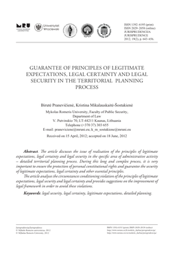 Guarantee of Principles of Legitimate Expectations, Legal Certainty and Legal Security in the Territorial Planning Process