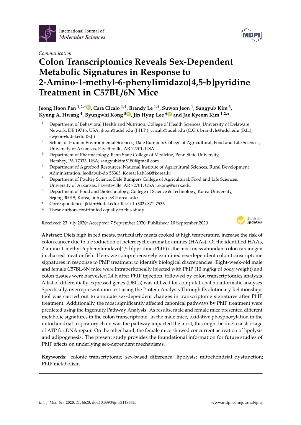 Colon Transcriptomics Reveals Sex-Dependent Metabolic Signatures in Response to 2-Amino-1-Methyl-6-Phenylimidazo[4,5-B]Pyridine Treatment in C57BL/6N Mice