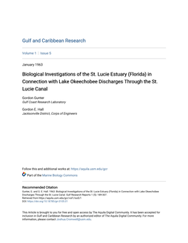 Biological Investigations of the St. Lucie Estuary (Florida) in Connection with Lake Okeechobee Discharges Through the St