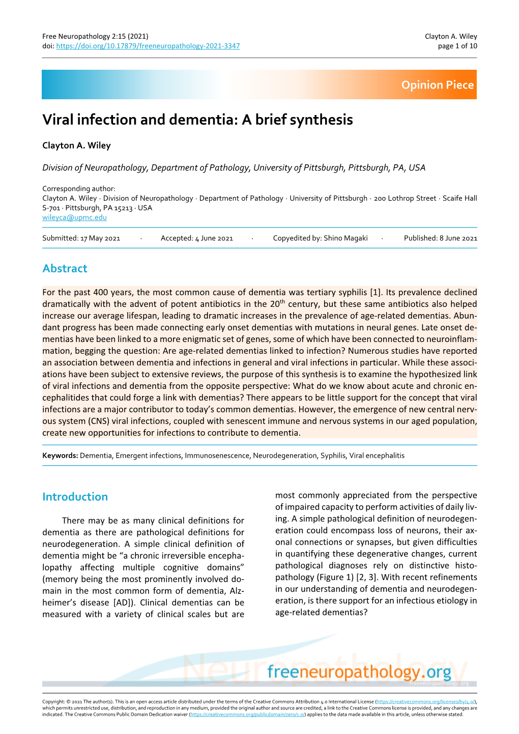 Viral Infection and Dementia: a Brief Synthesis