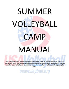 This Manual Is Designed to Help Facilitate Summer Volleyball Camps for All Ages. the Purpose of Camp Is Always to Get Better, but HAVE FUN While Doing It