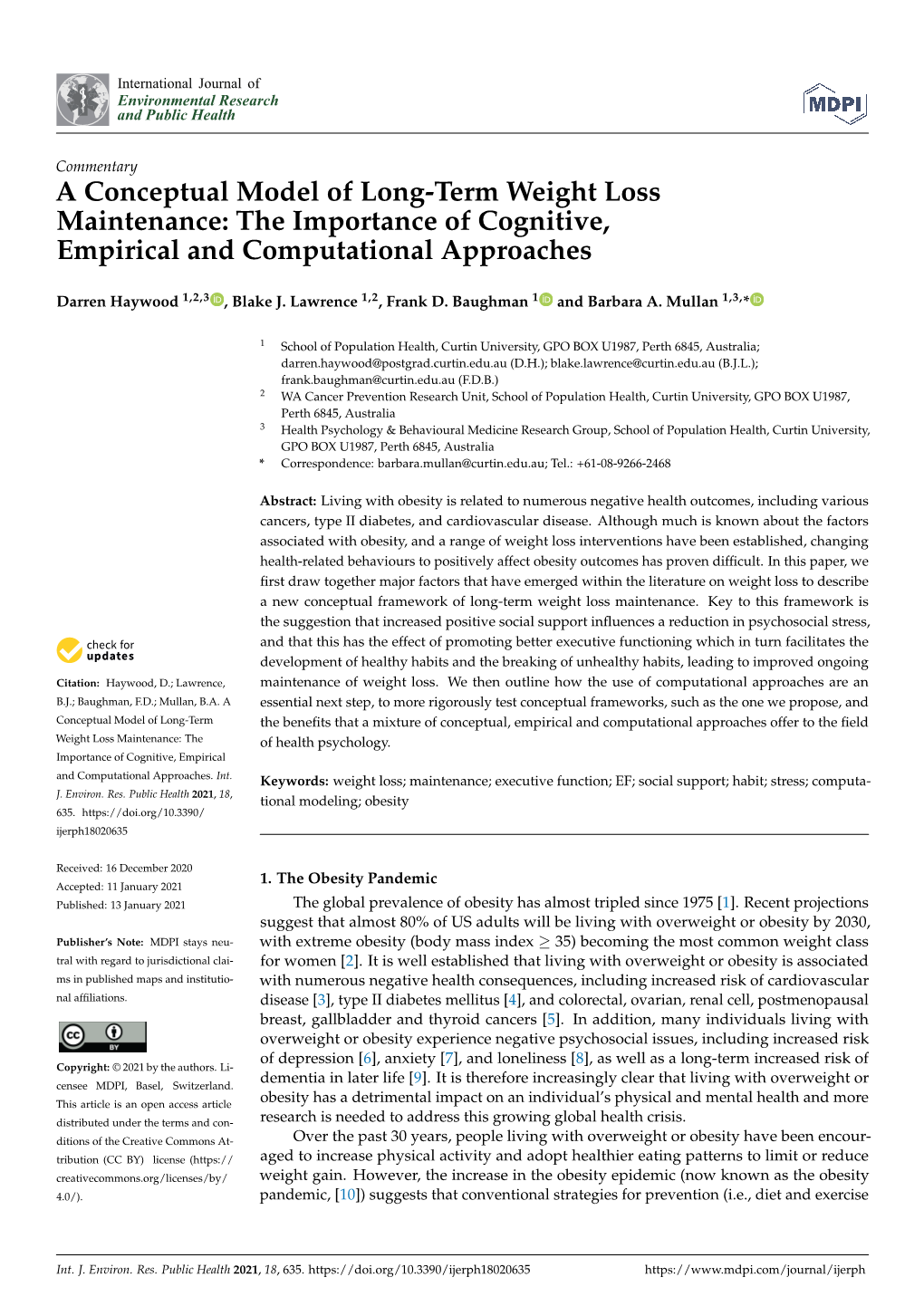 A Conceptual Model of Long-Term Weight Loss Maintenance: the Importance of Cognitive, Empirical and Computational Approaches