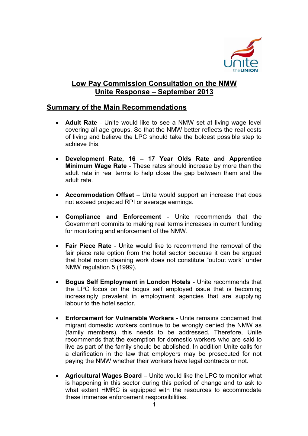 Low Pay Commission Consultation on the NMW Unite Response – September 2013 Summary of the Main Recommendations