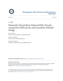 Mammals of Great Basin National Park, Nevada: Comparative Field Urs Veys and Assessment of Faunal Change Eric A