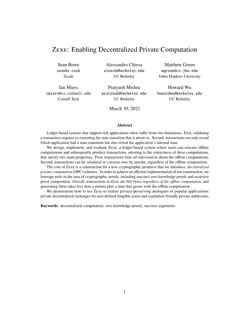 Zexe: Enabling Decentralized Private Computation
