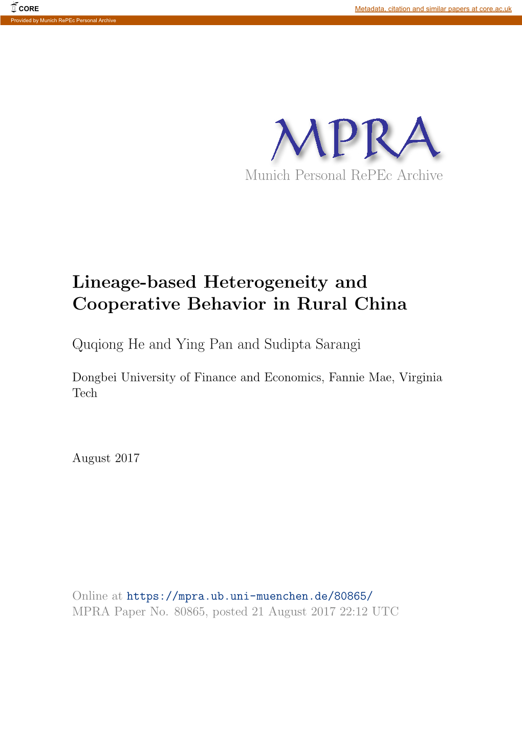 Lineage-Based Heterogeneity and Cooperative Behavior in Rural China