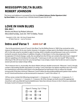 LOVE in VAIN BLUES DAL 402-1 Words and Music by Robert Johnson (Recorded Sunday, June 20, 1937 in Dallas, Texas)