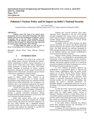 Pakistan's Nuclear Policy and Its Impact on India's National Security