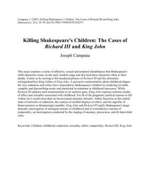 Killing Shakespeare's Children: the Cases of Richard III and King John Joseph Campana