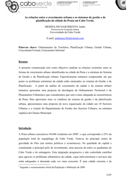 As Relações Entre O Crescimento Urbano E Os Sistemas De Gestão E De Planificação Da Cidade Da Praia Em Cabo Verde