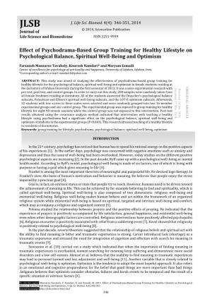 Effect of Psychodrama-Based Group Training for Healthy Lifestyle on Psychological Balance, Spiritual Well-Being and Optimism