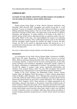 Letters to the Editor and Popular Discourses on Hazing in South African Schools and School Hostels
