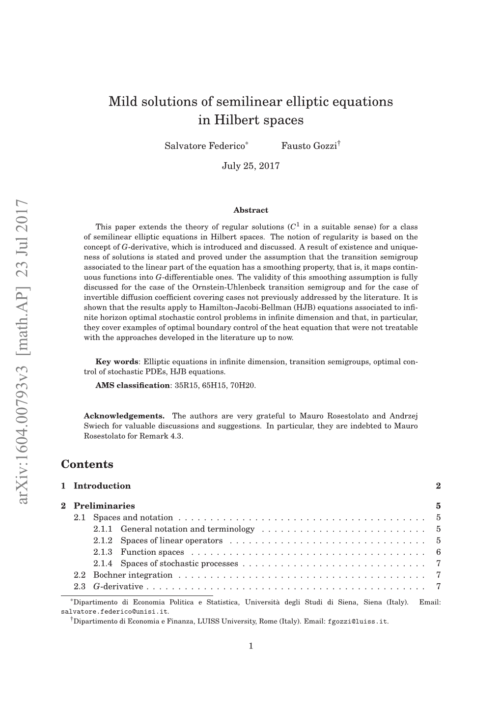 Mild Solutions of Semilinear Elliptic Equations in Hilbert Spaces 13