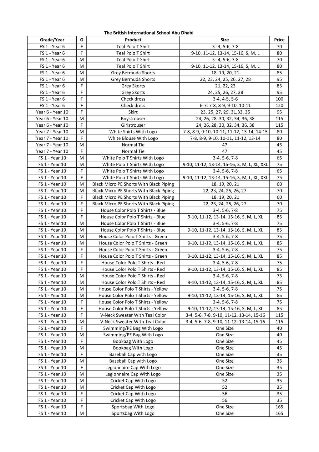 Grade/Year G Product Size Price FS 1