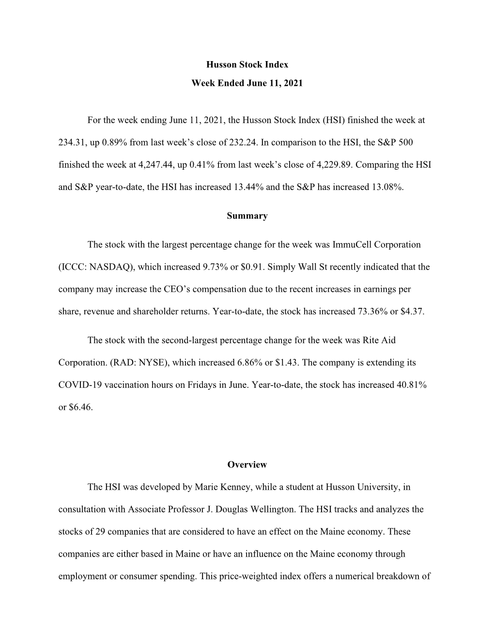 Husson Stock Index Week Ended June 11, 2021 for the Week Ending