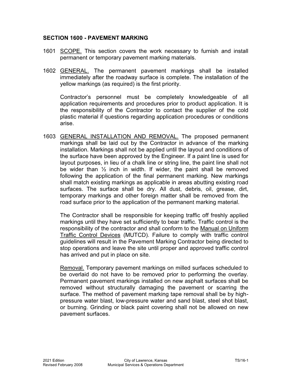 Section 1600 – Pavement Marking