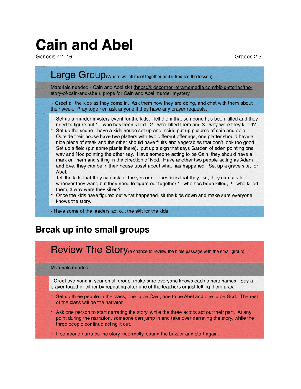 Cain and Abel Genesis 4:1-16 Grades 2,3