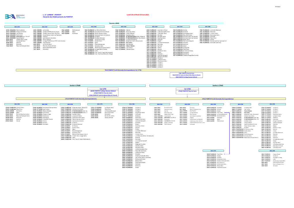 L. 17 LORIENT - PONTIVY Lundi 28 Et Mardi 29 Juin 2021 Desserte Des Etablissements De PONTIVY