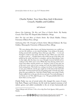 Charlie Parker: Two New Bios and a Revision Crouch, Haddix and Giddins