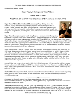 Happy Traum, Folksinger and Guitar Virtuoso Friday, June 17, 2011