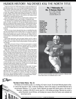 Husker History: Nu Denies Ksu the North Title Tonight We Look Back at the 1999 Meeting Between Seventh-Ranked Nebraska and Fifth-Ranked Kansas State
