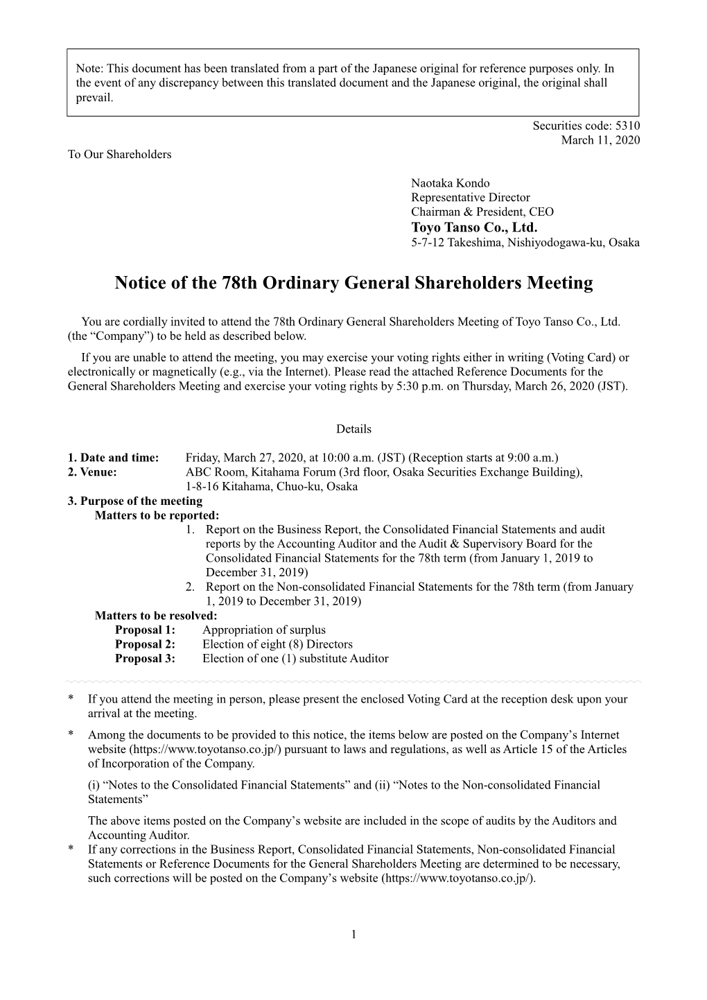 Notice of the 78Th Ordinary General Shareholders Meeting