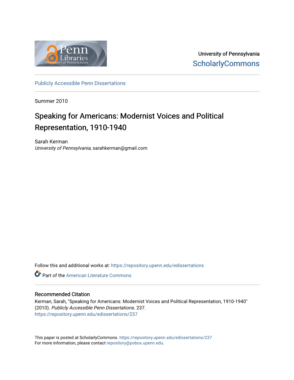 Speaking for Americans: Modernist Voices and Political Representation, 1910-1940