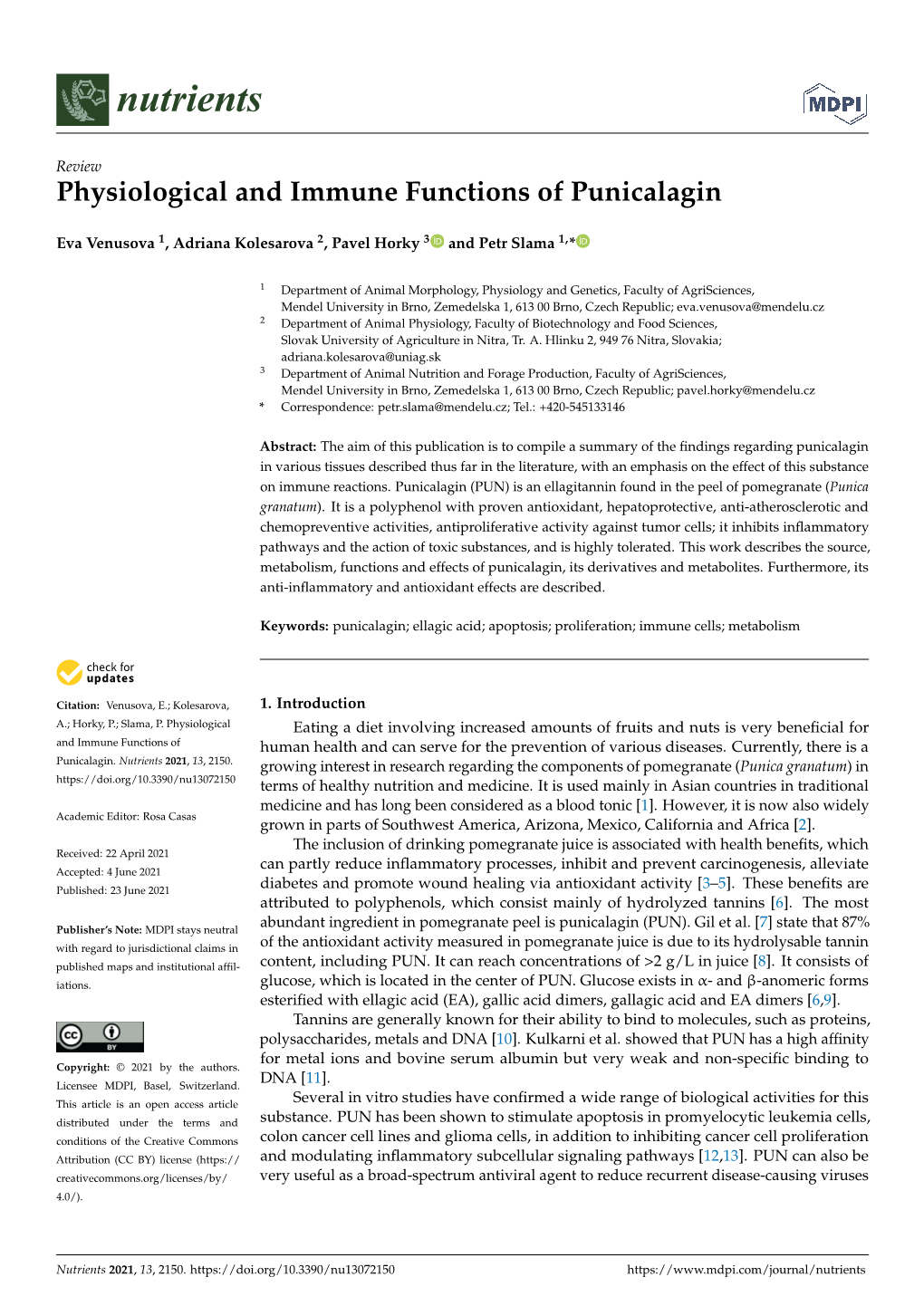 Physiological and Immune Functions of Punicalagin