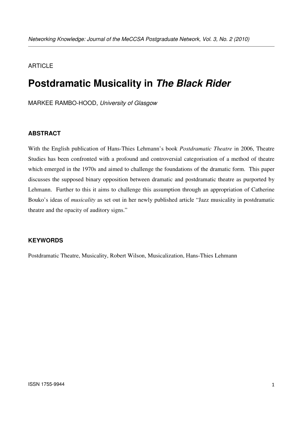 Postdramatic Musicality in the Black Rider