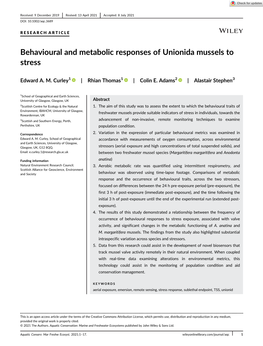 Behavioural and Metabolic Responses of Unionida Mussels to Stress