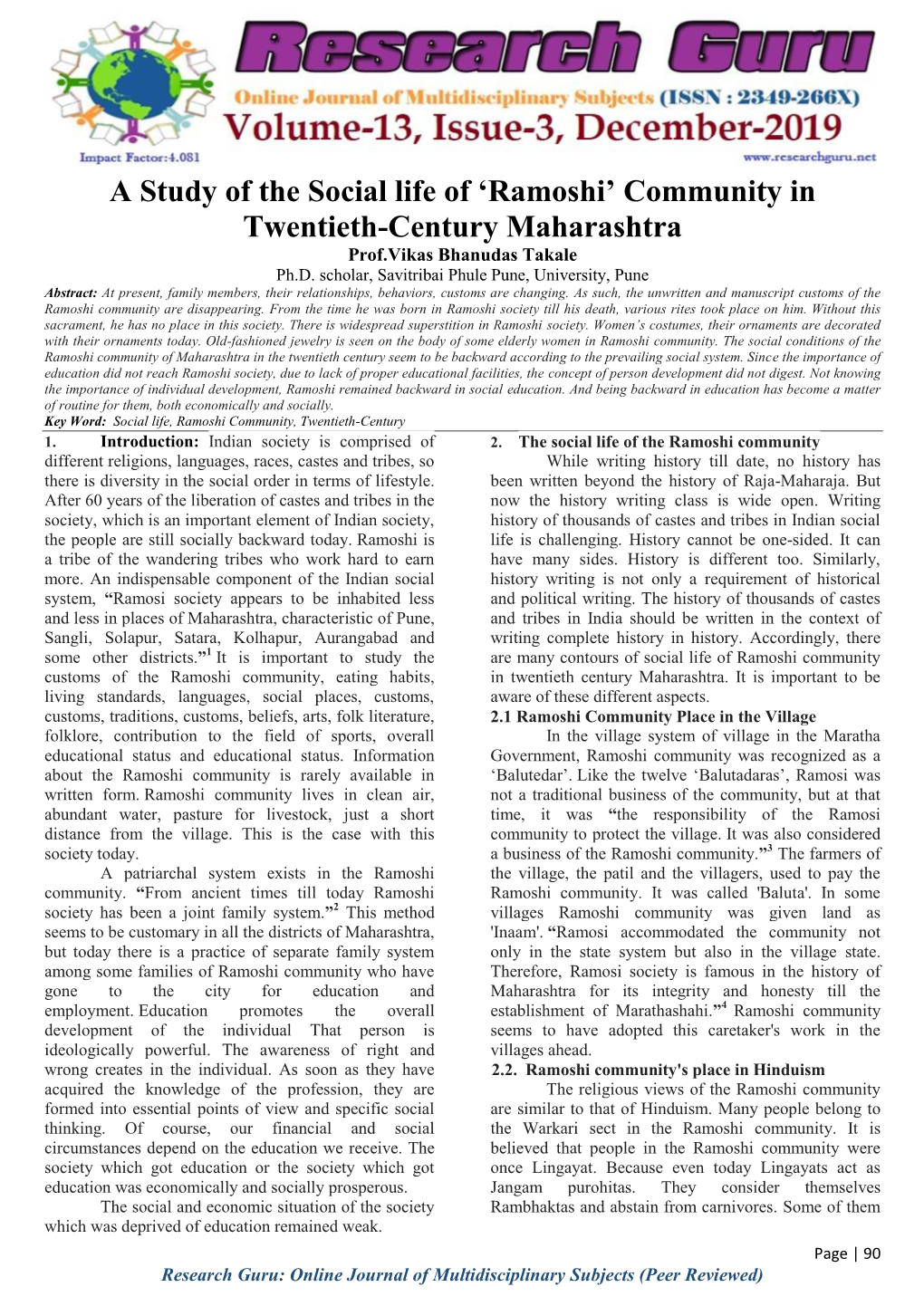 Ramoshi‟ Community in Twentieth-Century Maharashtra Prof.Vikas Bhanudas Takale Ph.D