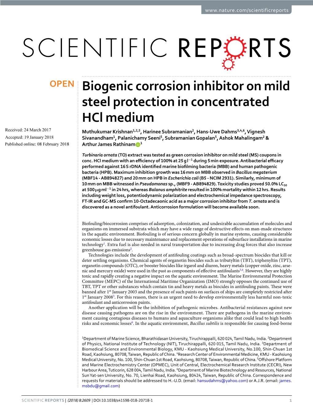 Biogenic Corrosion Inhibitor on Mild Steel Protection in Concentrated Hcl