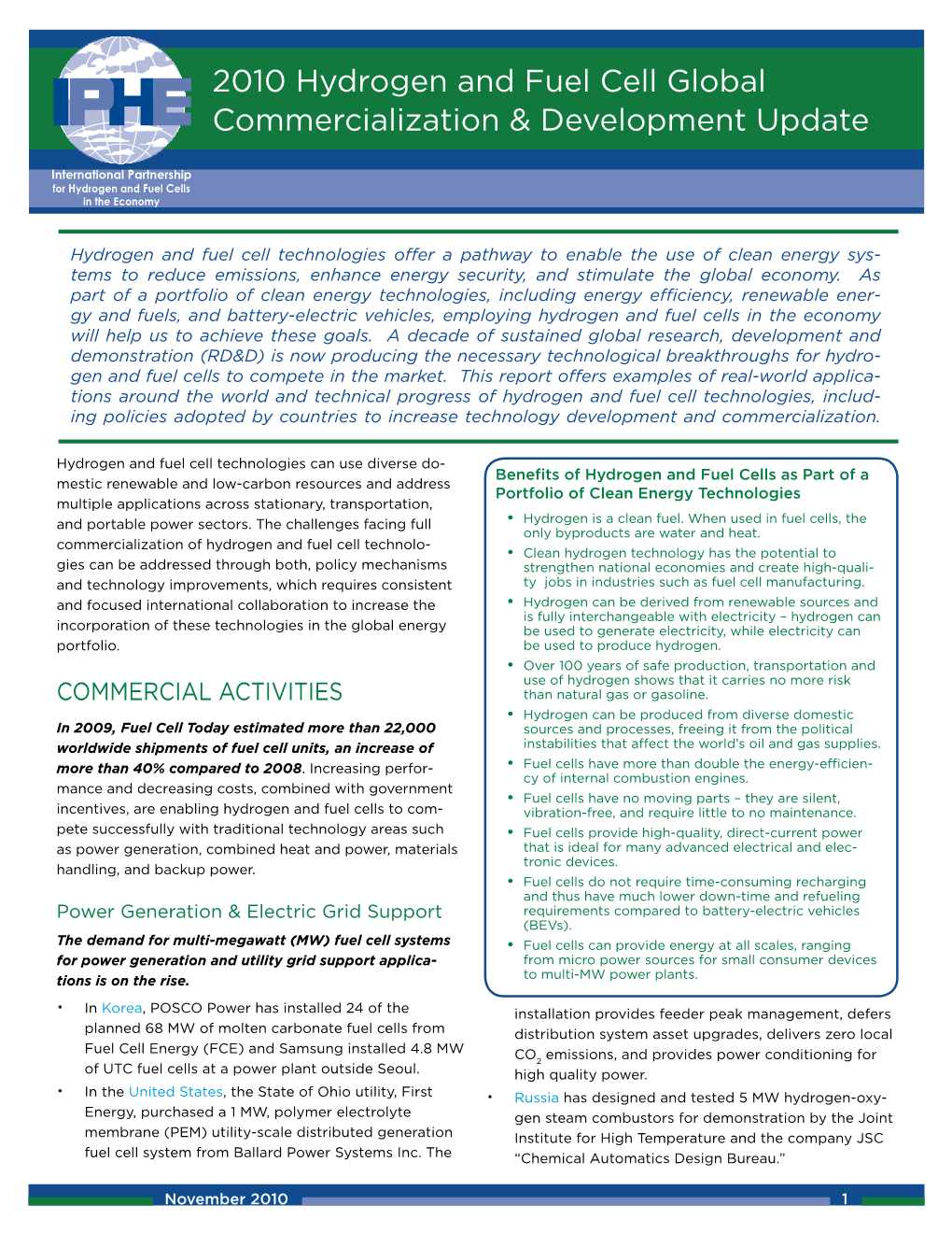 2010 Hydrogen and Fuel Cell Global Commercialization & Development Update