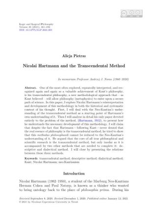 Nicolai Hartmann and the Transcendental Method