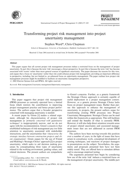 Transforming Project Risk Management Into Project Uncertainty Management