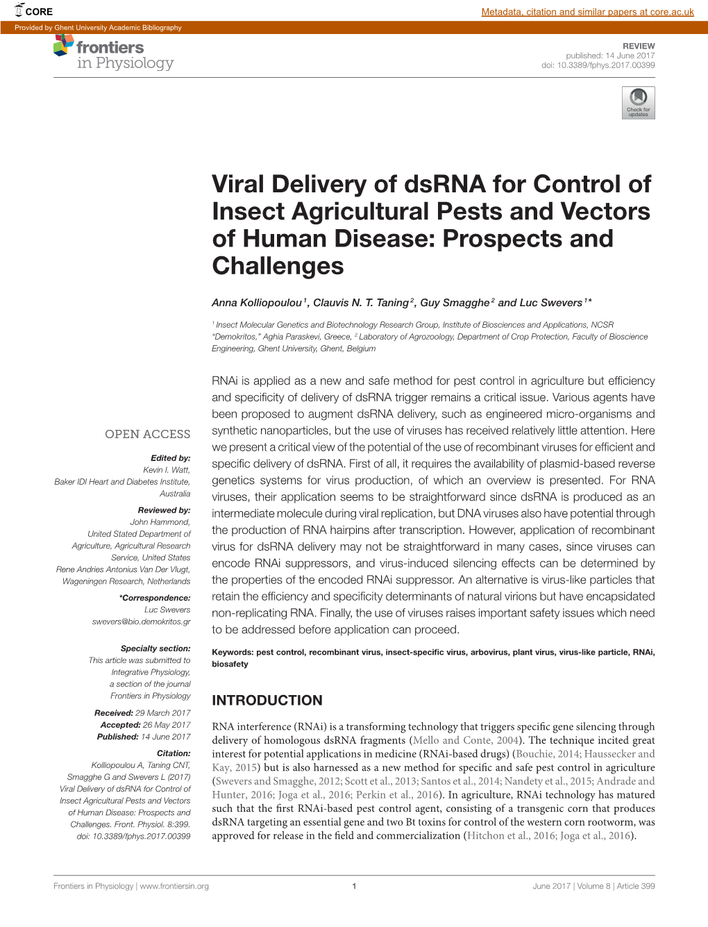 Viral Delivery of Dsrna for Control of Insect Agricultural Pests and Vectors of Human Disease: Prospects and Challenges
