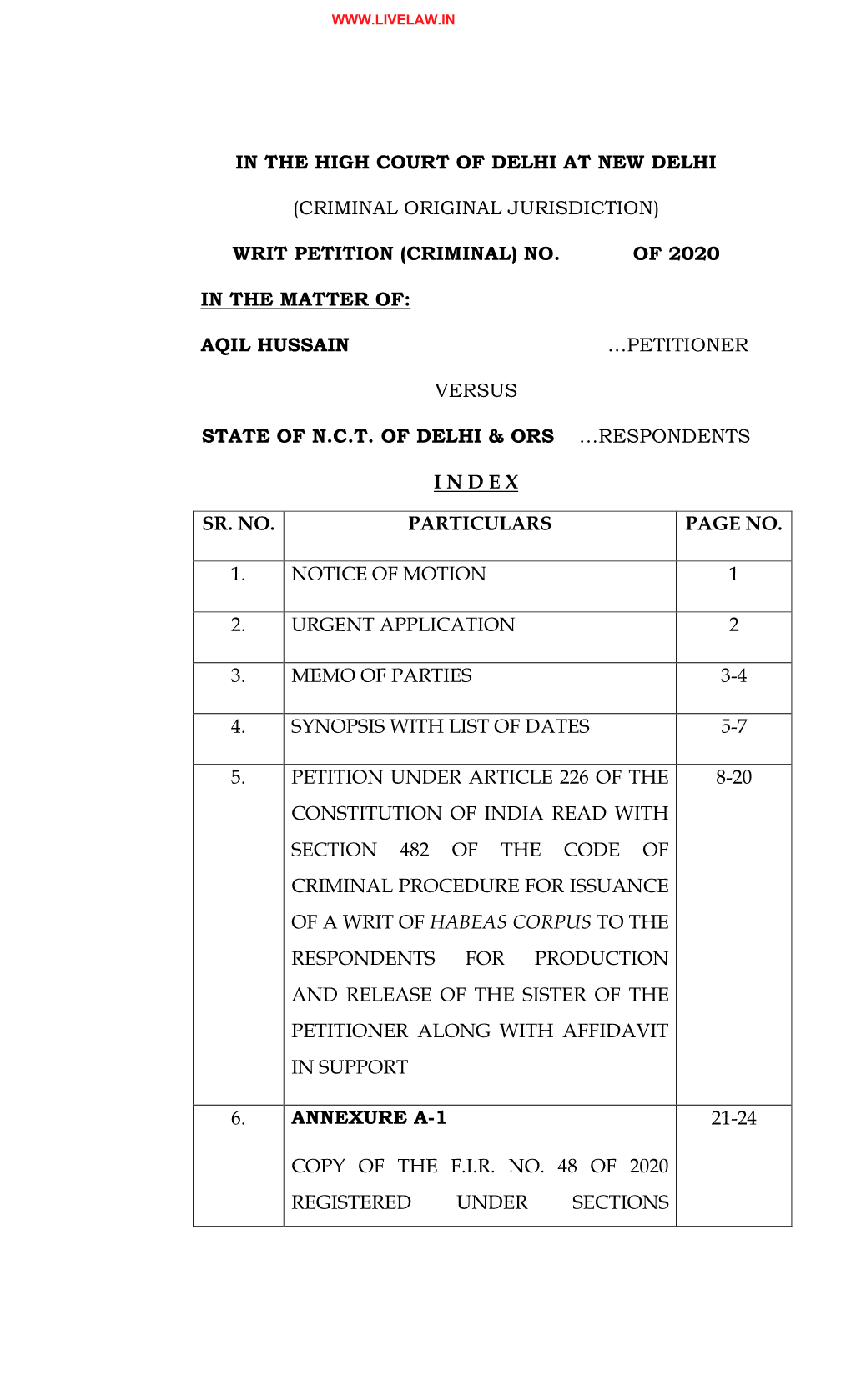 Writ Petition (Criminal) No. of 2020 in the Matter Of: Aqil Hussain, S/O Shri Tasneef Hussain, Brother of Ms