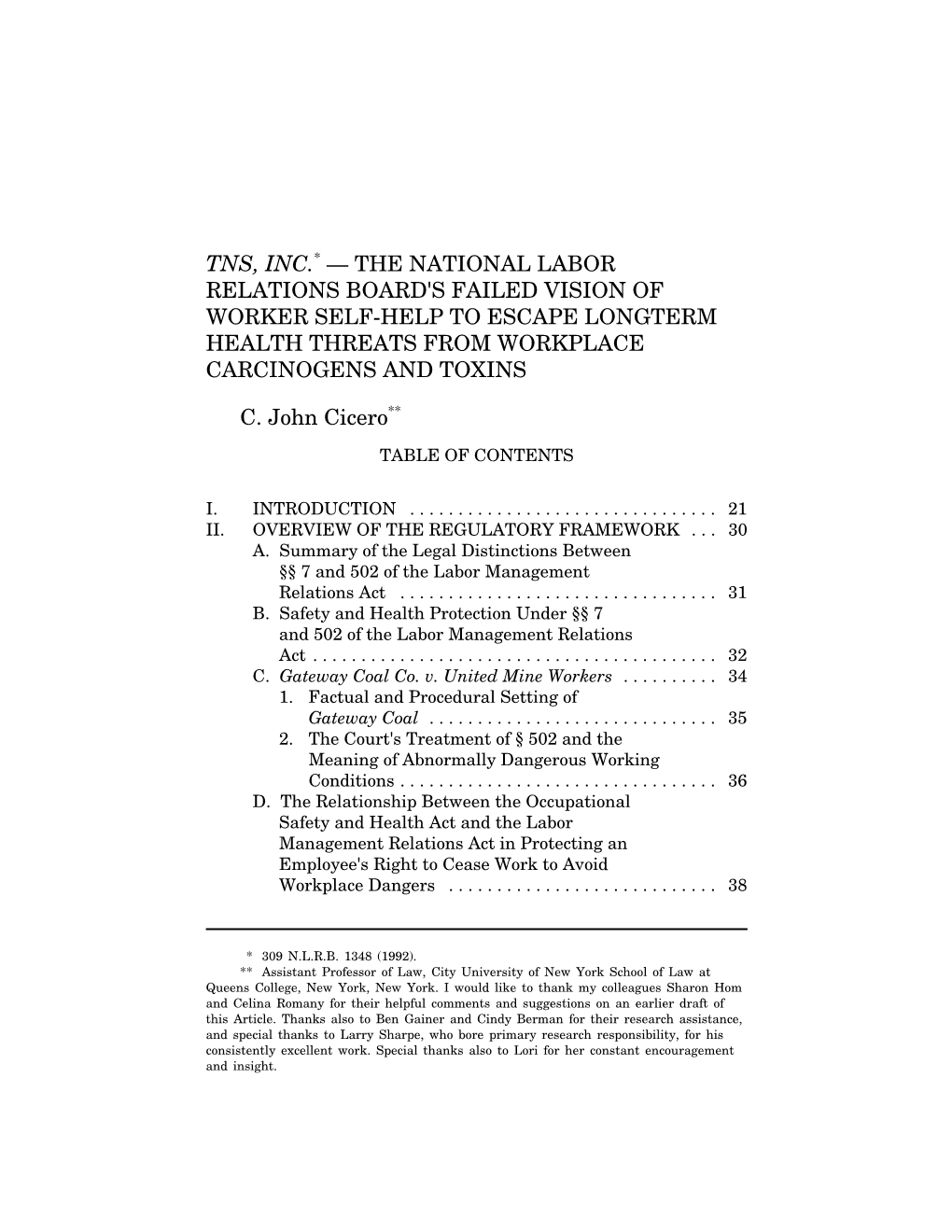 Tns, Inc.* — the National Labor Relations Board's Failed Vision of Worker Self-Help to Escape Longterm Health Threats from Workplace Carcinogens and Toxins