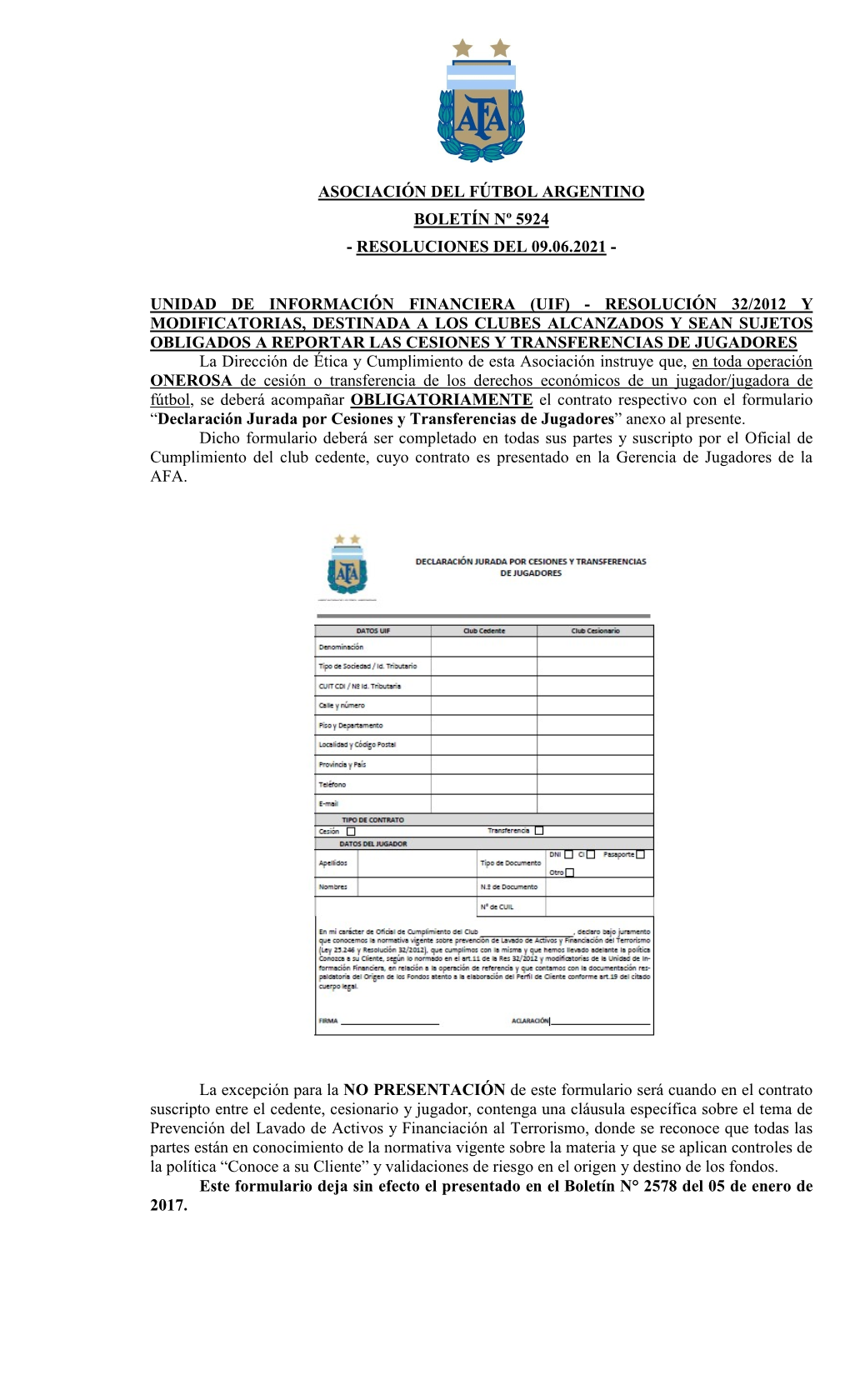 Asociación Del Fútbol Argentino Boletín Nº 5924 - Resoluciones Del 09.06.2021