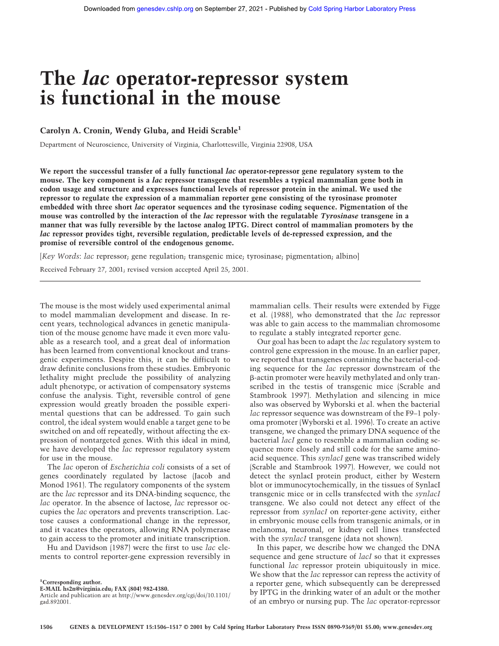 The Lac Operator-Repressor System Is Functional in the Mouse