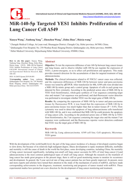 Mir-140-5P Targeted YES1 Inhibits Proliferation of Lung Cancer Cell A549