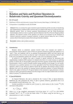 Rotation and Spin and Position Operators in Relativistic Gravity and Quantum Electrodynamics