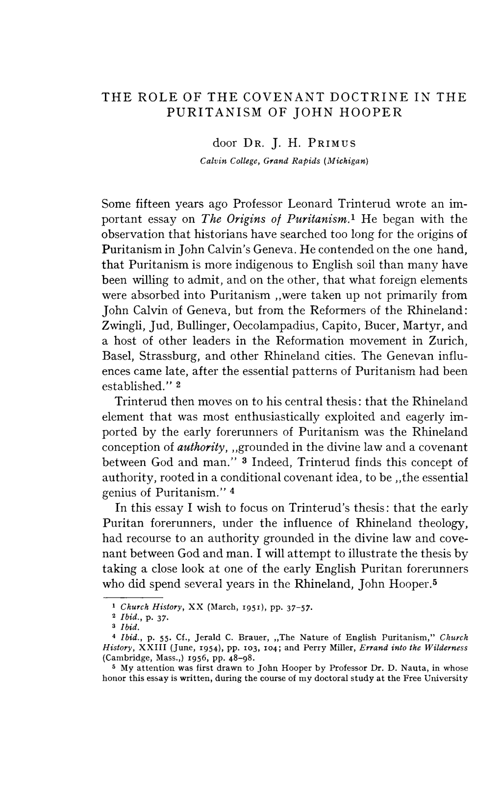 The Role of the Covenant Doctrine in the Puritanism of John Hooper