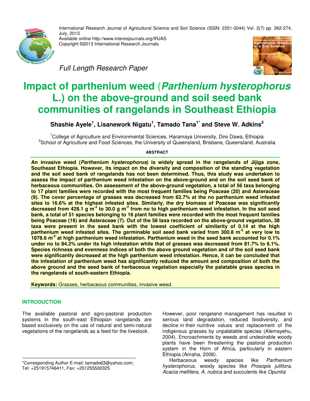 Parthenium Hysterophorus L.) on the Above-Ground and Soil Seed Bank Communities of Rangelands in Southeast Ethiopia