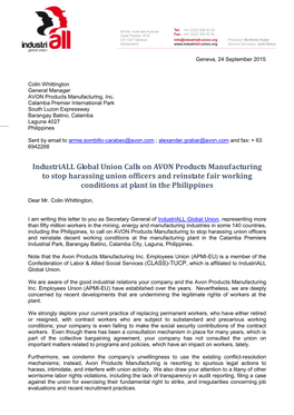 Industriall Global Union's Letter to Avon Products Manufacturing In