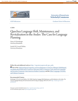 Quechua Language Shift, Maintenance, and Revitalization in the Andes: the Ac Se for Language Planning Nancy H