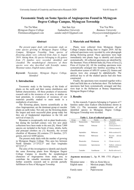 Taxonomic Study on Some Species of Angiosperms Found in Myingyan Degree College Campus, Myingyan Township