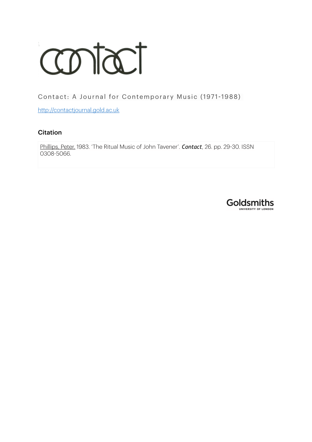 Contact: a Journal for Contemporary Music (1971-1988) Citation